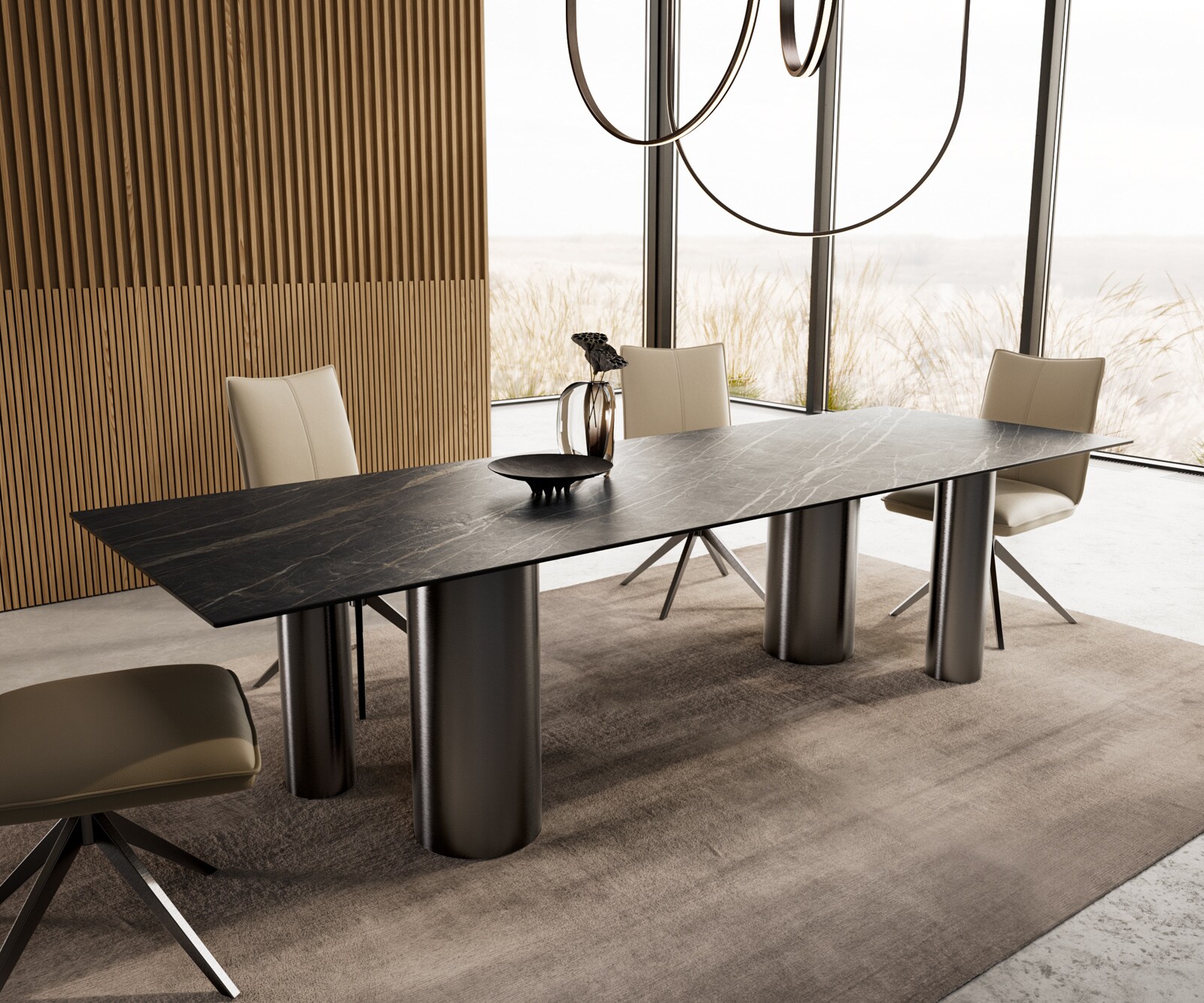DELIFE Esstisch Edge 300x100 Keramik LaminamNoir Desir Braun Pilier Edelstahl Graphit