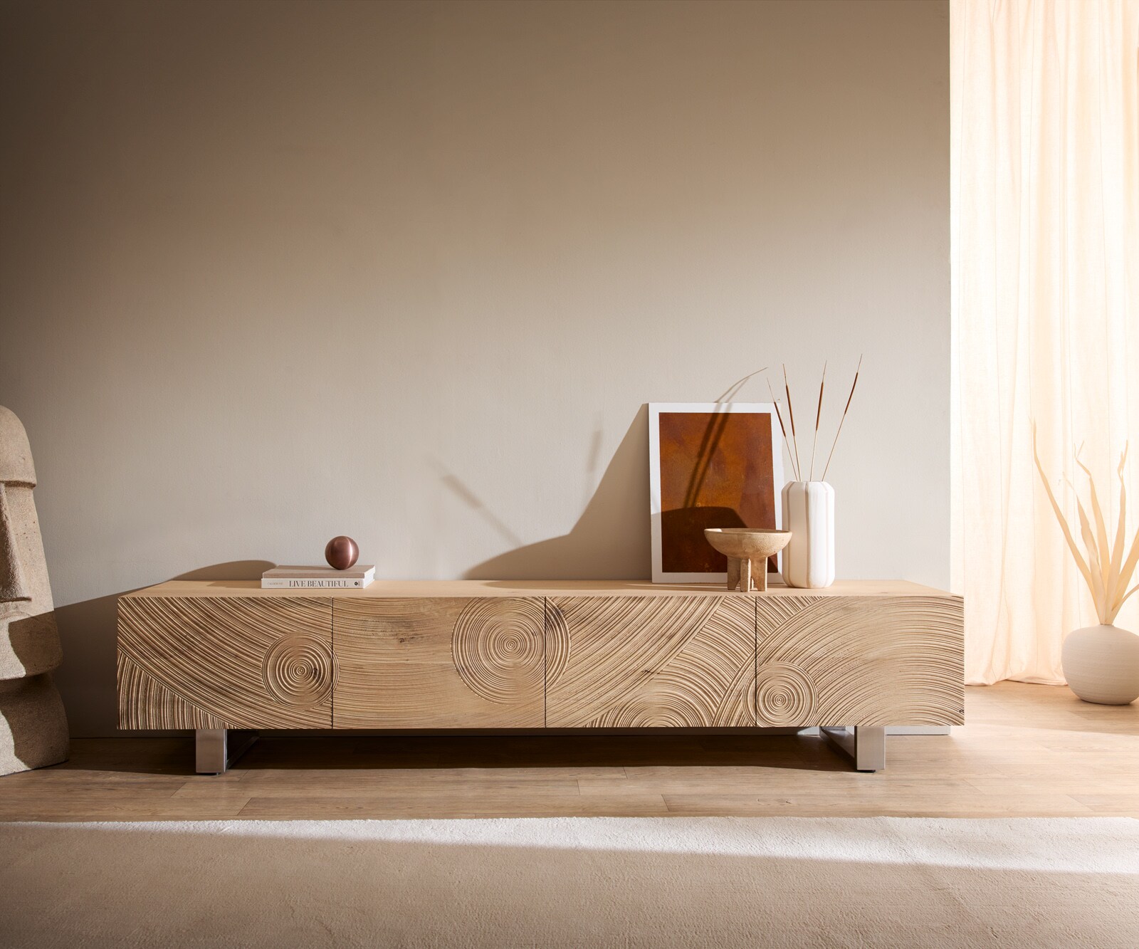 Lowboard Ashara 220 cm Eiche Natur 3D Effekt 4 Türen Kufe Edelstahl gebürstet 1
