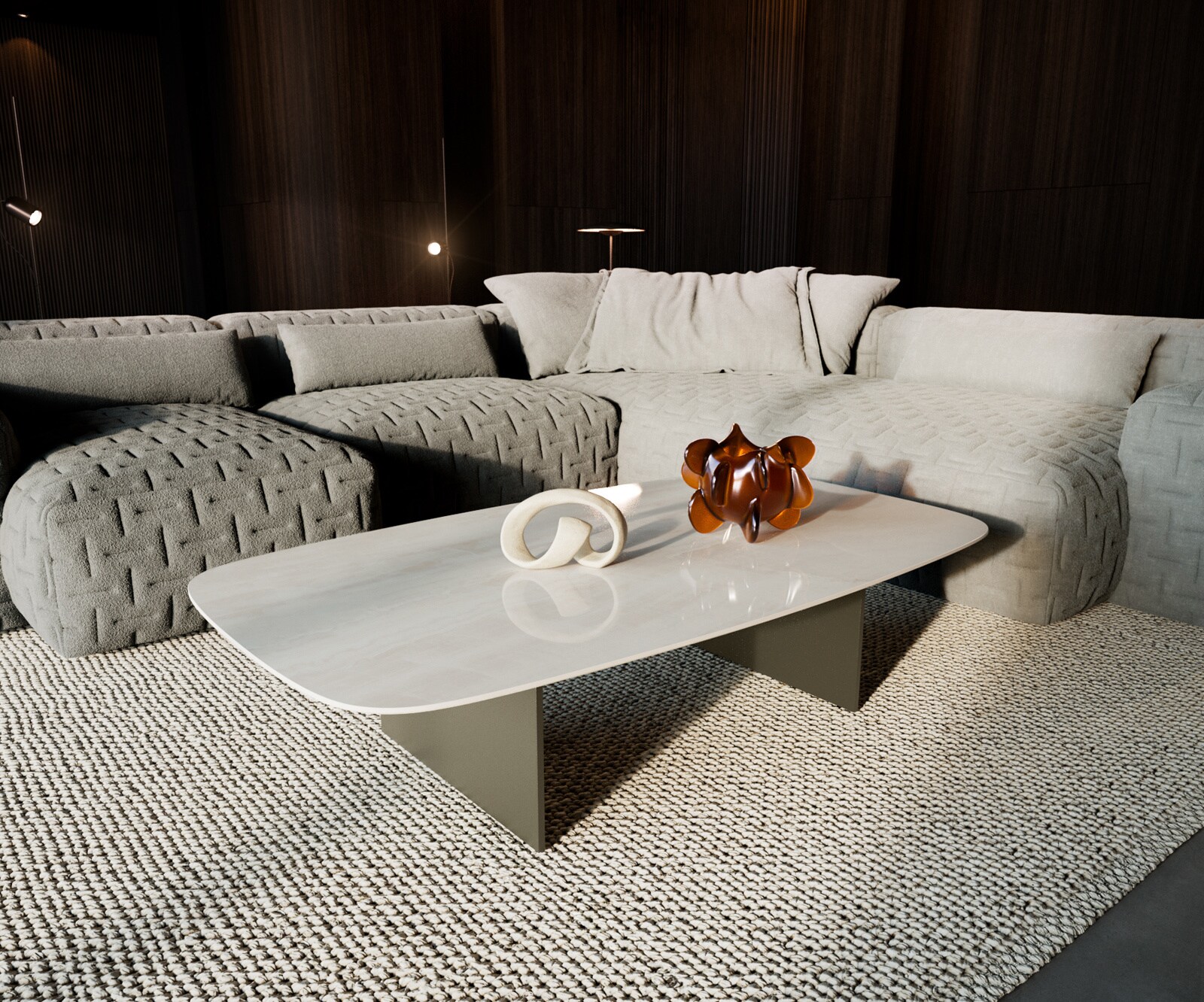 Couchtisch Edge Boot 140x80 cm Keramik Onyx Champagne Salto Metall Effektfinish Titan