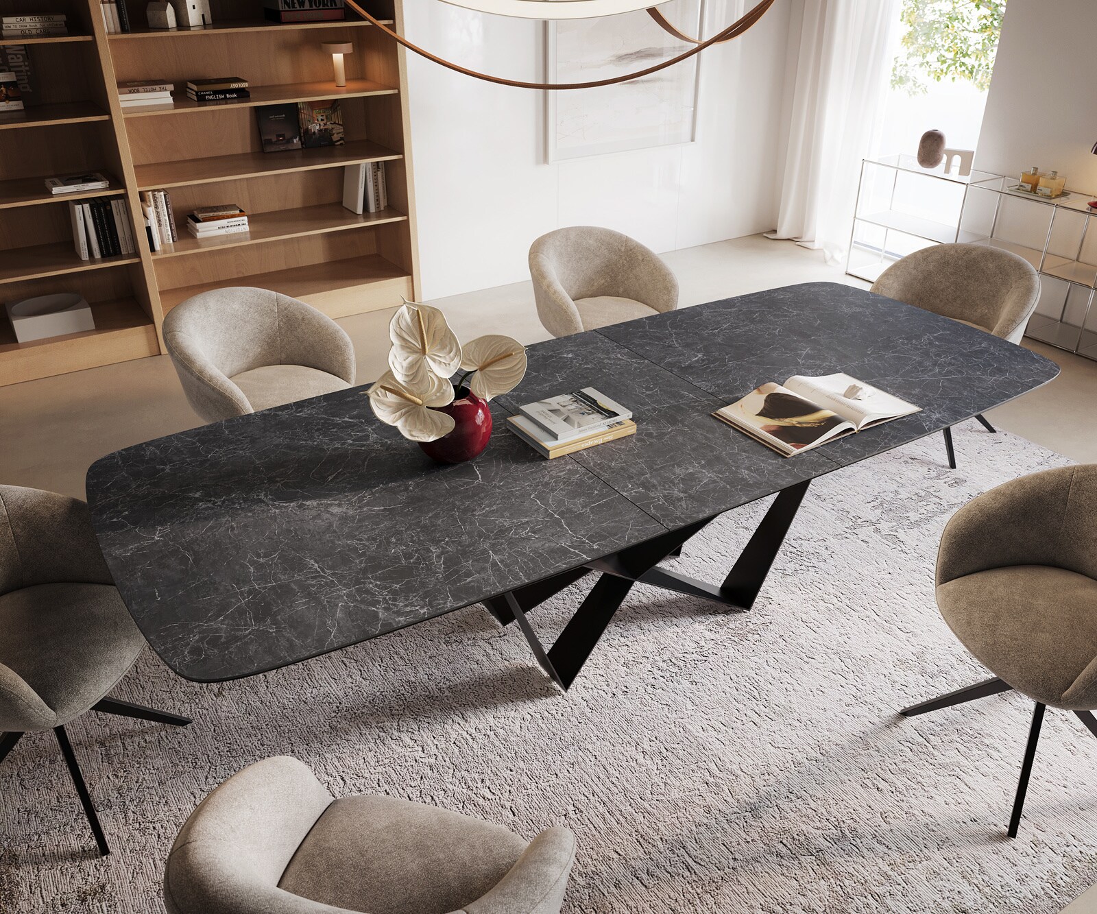 Esstisch Edge Boot 240-300x120 cm Keramik Laminam® Nero Greco Anthrazit Spider Flachstahl Schwarz ausziehbar 4