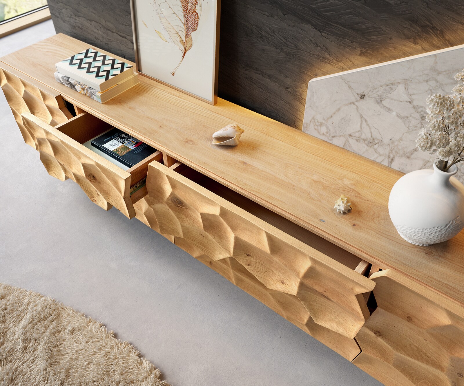 Lowboard Solu 260 cm Eiche Natur 2 Türen 6 Schübe Fuß schwebend Metall Schwarz 3D-Front 3