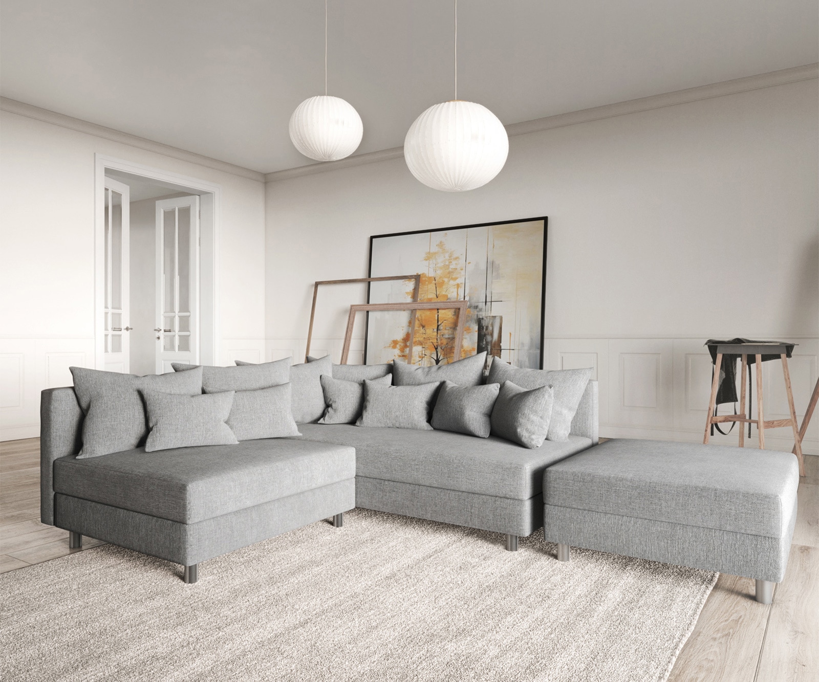 Ecksofa Clovis Grau Flachgewebe Hocker Ottomane Rechts Modulsofa 1 Ecksofa Clovis Grau Flachgewebe Hocker Ottomane Rechts Modulsofa 1