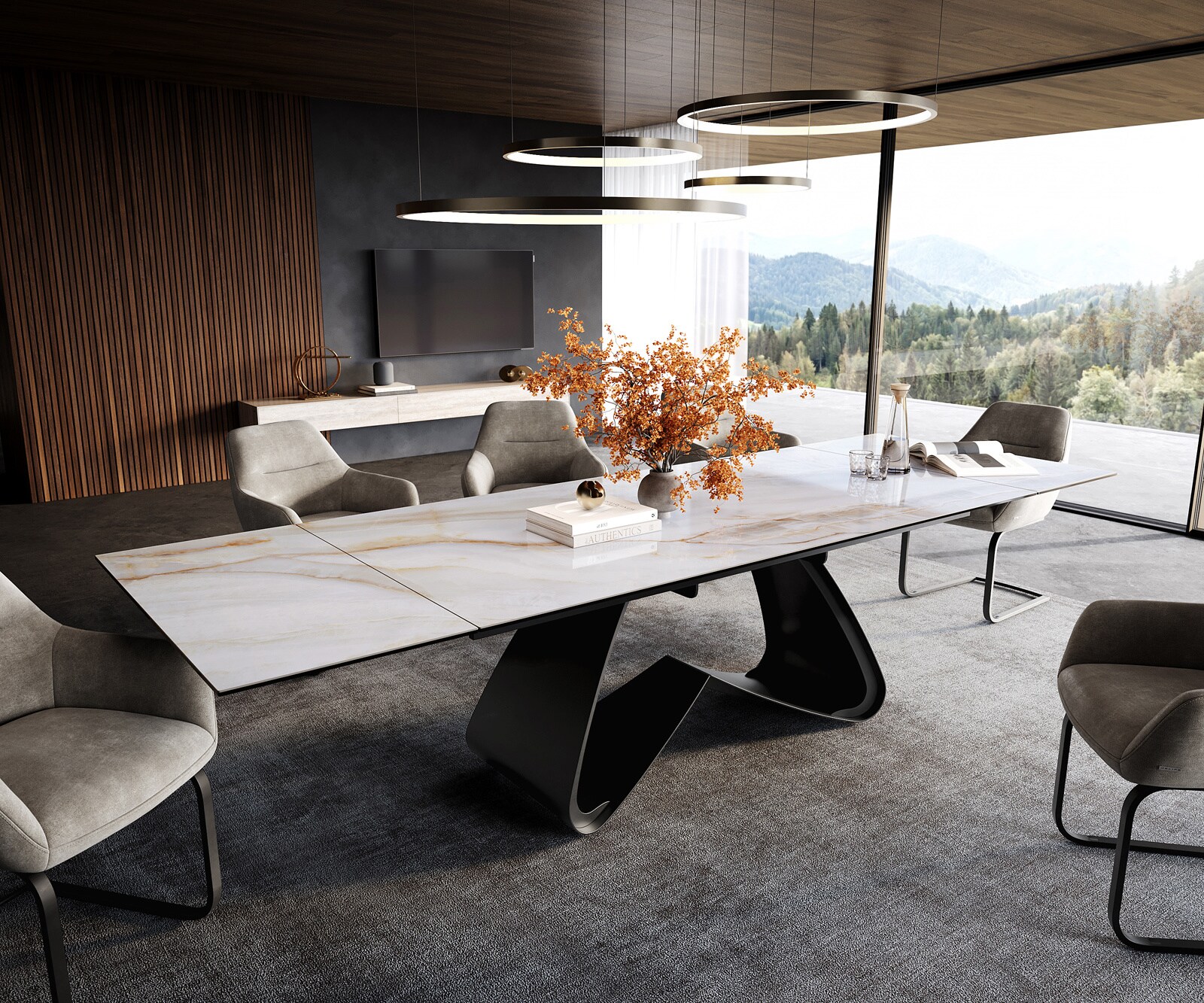 Esstisch Edge 200-300x100 cm Keramik Onyx Pearl W-Gestell Metall Schwarz ausziehbar 1