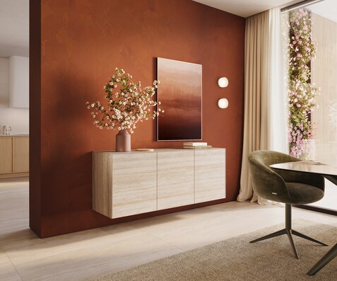 Sideboard Cuor 150 cm Keramik Laminam® Travertino Bianco Creme-Weiß 3 Türen Schwebend