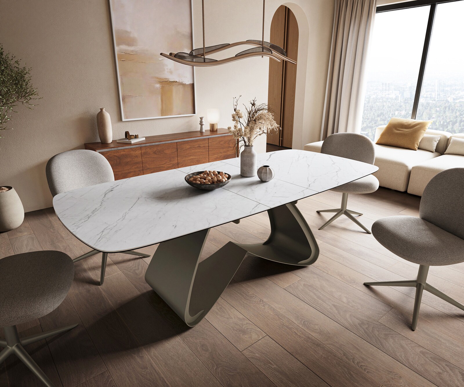 Esstisch Edge Boot 180-220x100 cm Keramik Laminam® Statuarietto Weiß W-Gestell Metall Effektfinish Titan ausziehbar 1