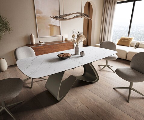 Esstisch Edge Boot 180-220x100 cm Keramik Laminam® Statuarietto Weiß W-Gestell Metall Effektfinish Titan ausziehbar