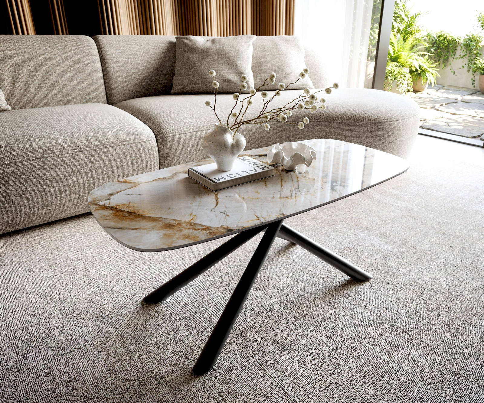 Table basse Edge forme bateau 100x50 cm céramique Patagonia polie Sarity métal noir Table basse Edge forme bateau 100x50 cm céramique Patagonia polie Sarity métal noir