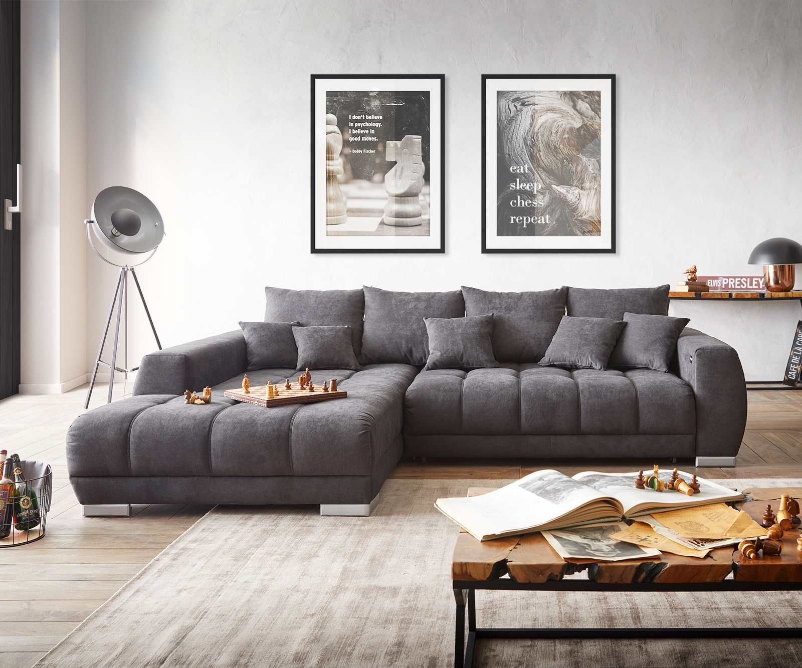 Wohnlandschaft Nabor 300x230 cm Mikrofaser Schwarz mit Recamiere inkl. elektrischer Vorziehfunktion