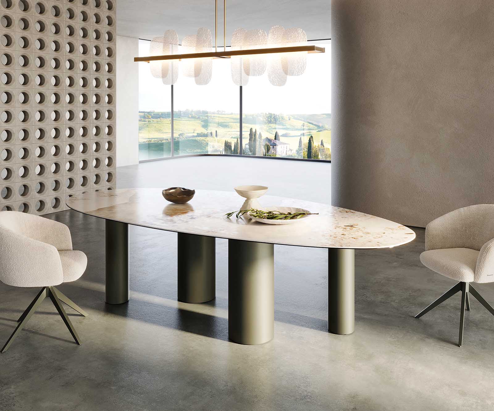 Esstisch Edge Oval 280x130 Keramik Minas Melange Weiß-Beige Pilier Metall Effektfinish Titan 6