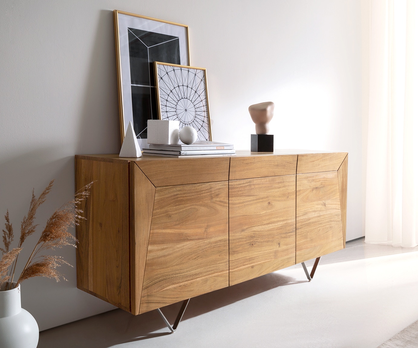 Sideboard Kayu 145x40x70 cm Akazie Natur 3 Türen V-Fuß Sideboard Kayu 145x40x70 cm Akazie Natur 3 Türen V-Fuß