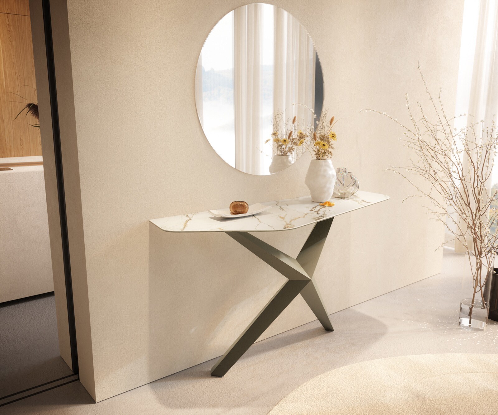 Konsolentisch Edge Polygonal 140x50 cm Keramik Calacatta Luxe Weiß-Gold-Grau Zentharo Metall Effektfinish Titan