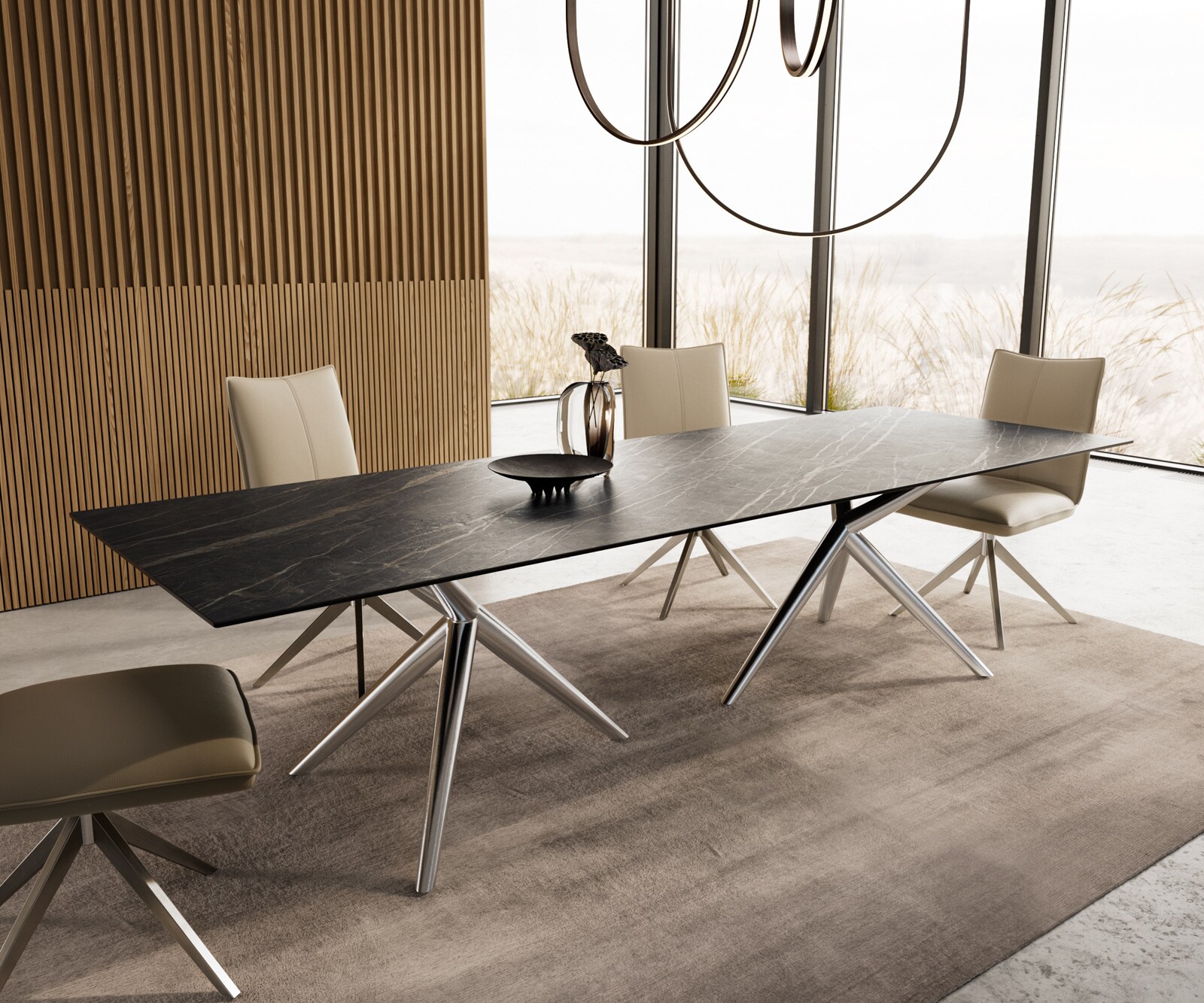 Esstisch Edge 300x100 Keramik Laminam®Noir Desir Braun Estelar rund Edelstahl 1
