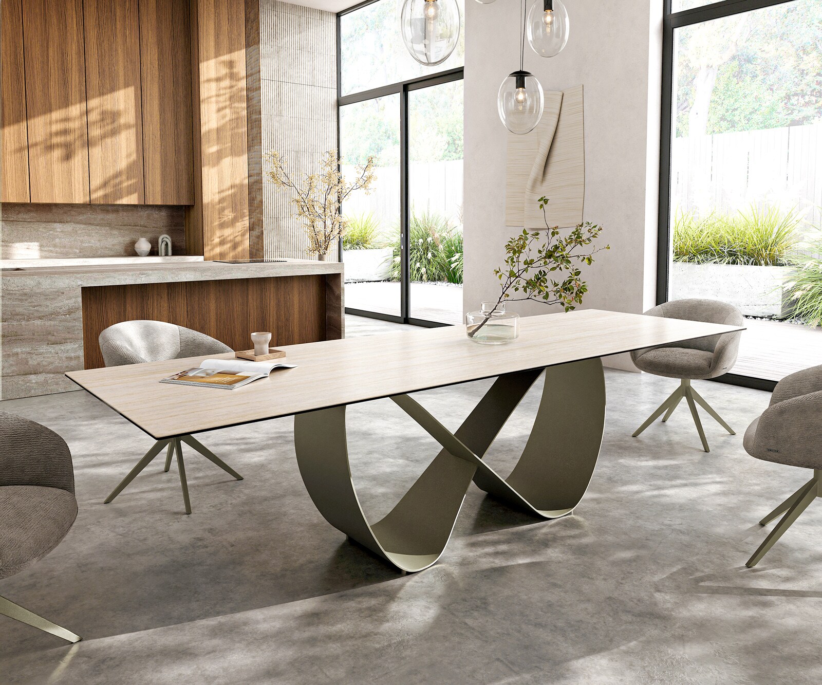 Esstisch Edge 300x100 Keramik Laminam® Travertino Bianco Creme-Weiß Infinity Metall Effektfinish Titan