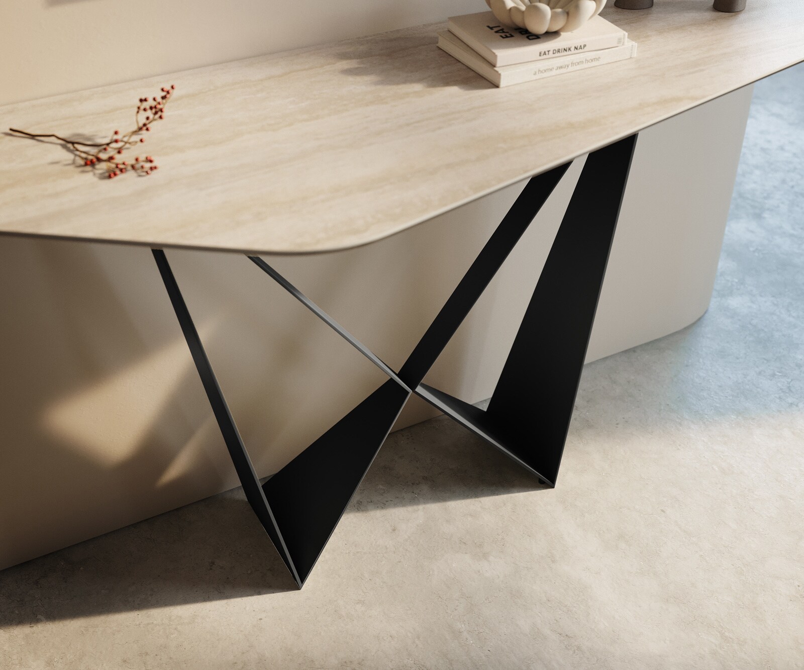 Konsolentisch Edge Polygonal 140x50 cm Keramik Laminam® Travertino Bianco Creme-Weiß Spios Metall Schwarz 6