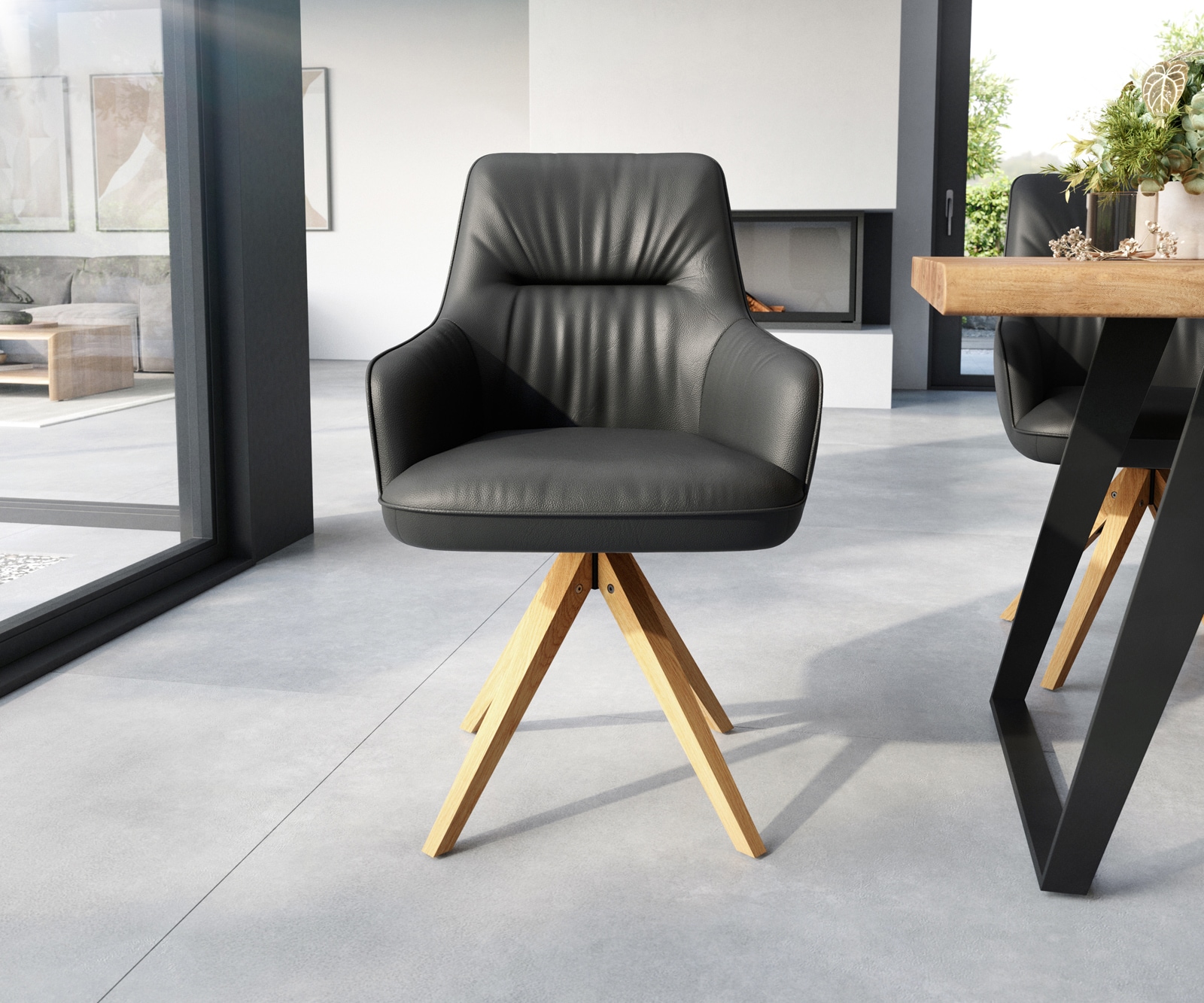 Esszimmerstuhl Zelia-Flex mit Armlehnen Echt-Leder Schwarz Holzgestell kantig Natur Taschenfederkern 1 Esszimmerstuhl Zelia-Flex mit Armlehnen Echt-Leder Schwarz Holzgestell kantig Natur Taschenfederkern 1