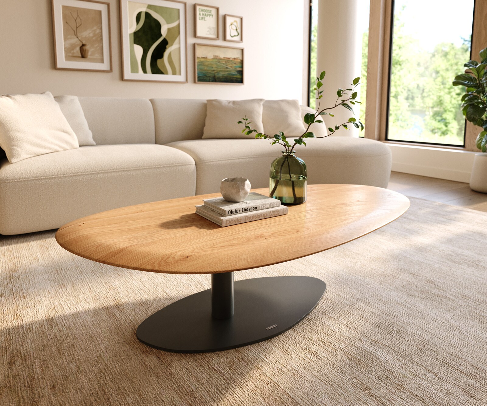 DELIFE Couchtisch Edge Oval 140x75 cm Eiche Natur Runde Kante Vibany Metall Schwarz