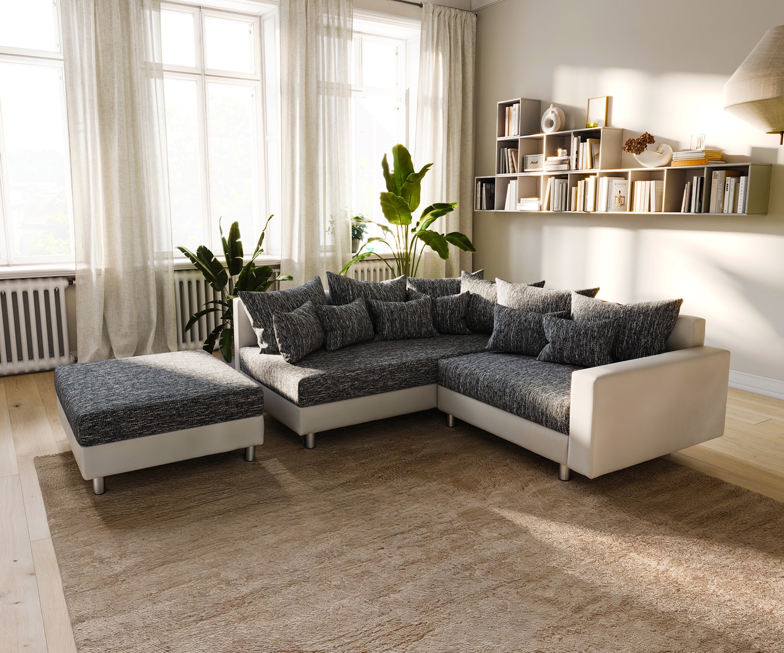 Ecksofa Clovis Weiss Schwarz modular Armlehne Hocker Ottomane Links günstig online kaufen