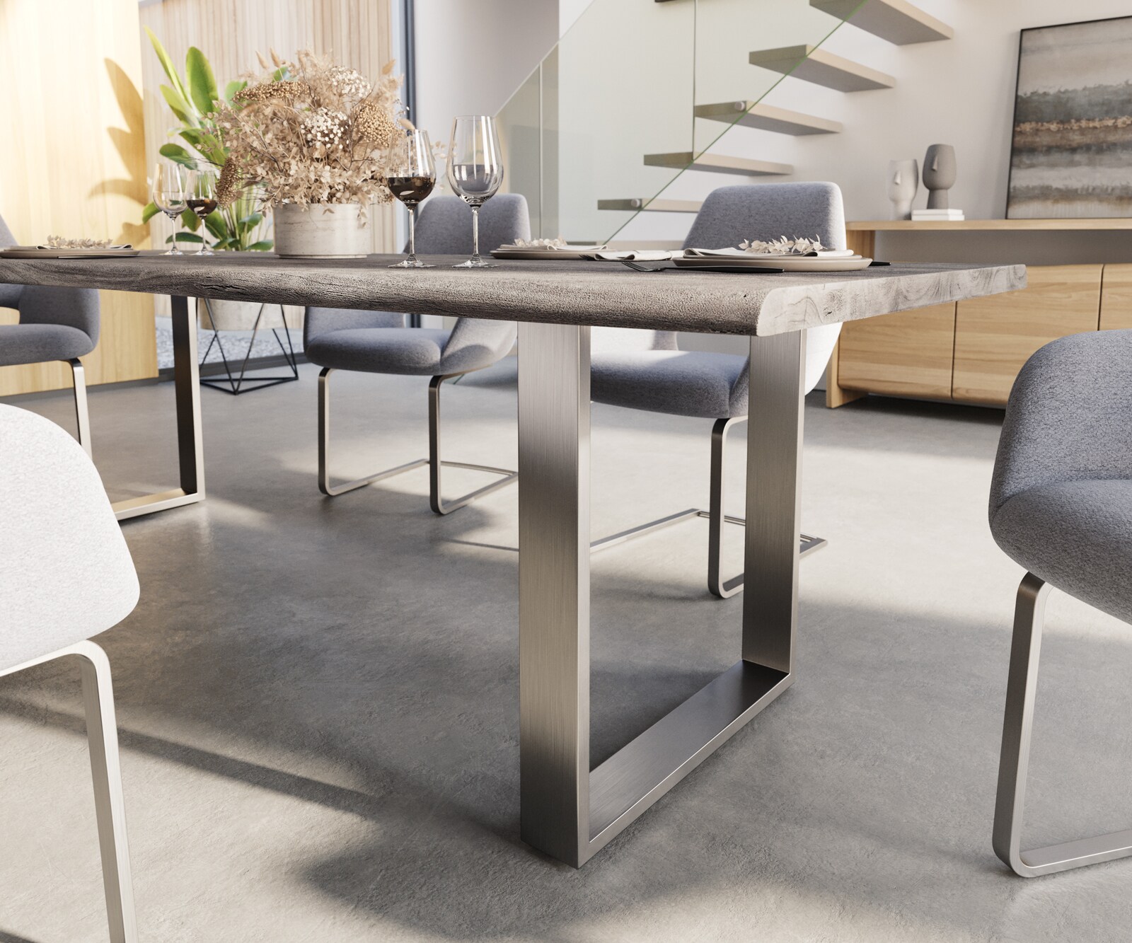 Esstisch Edge 260x100 Akazie Platin Edelstahl Schmal Live-Edge 5