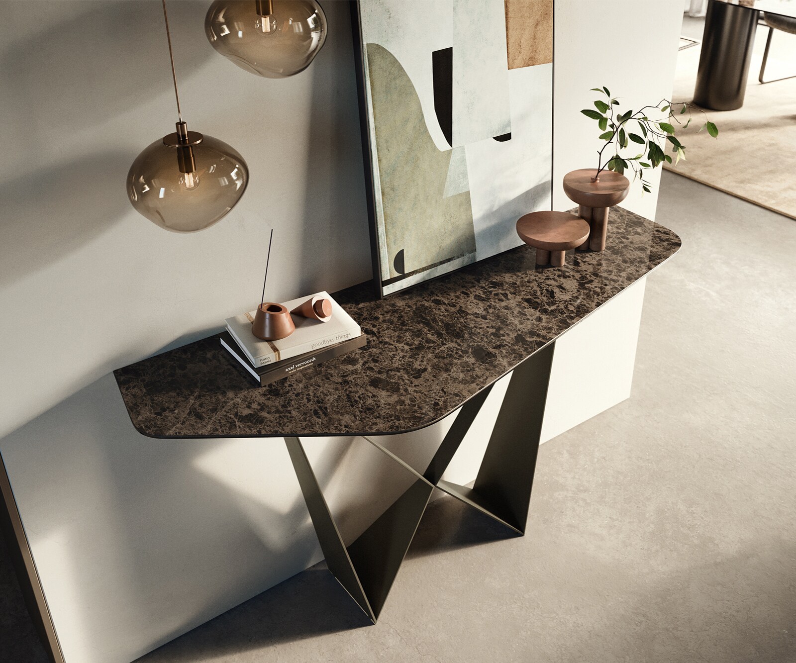 Konsolentisch Edge Polygonal 140x50 cm Keramik Emperador Extra Lucidato Dunkelbraun Spios Metall Effektfinish Titan 2