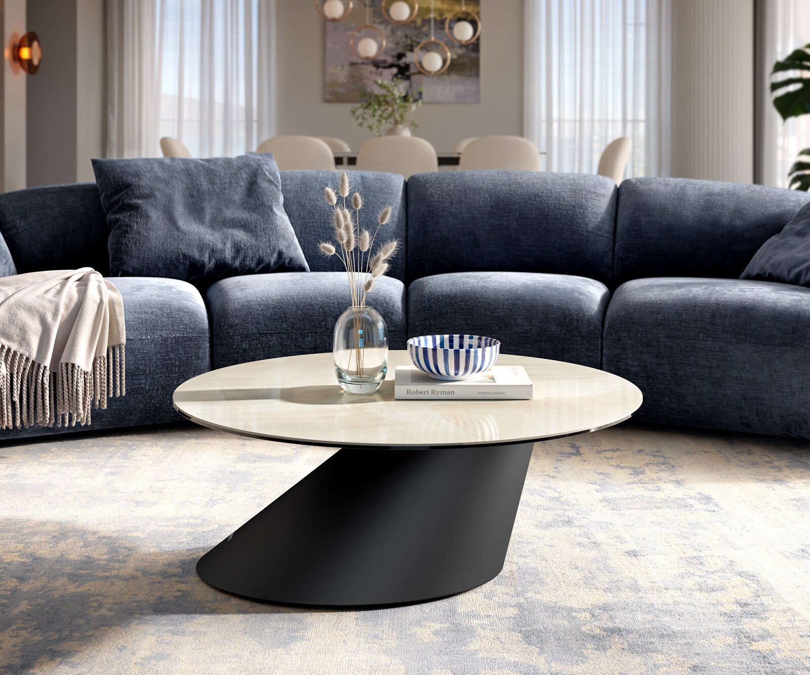 Couchtisch Edge Rund 90x90 cm Keramik Onyx Champagne Conis Metall Schwarz 6
