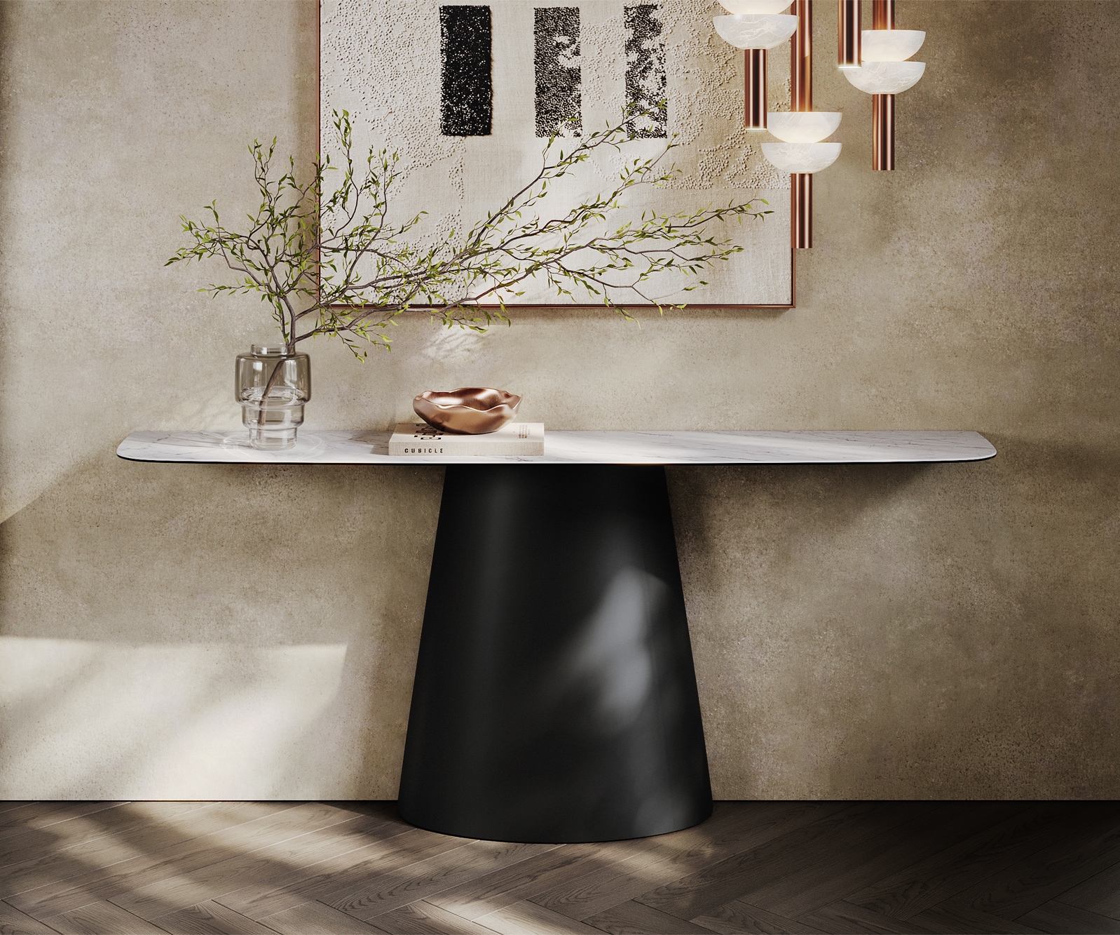 Konsolentisch Edge Boot 180x40 cm Keramik Laminam® Statuarietto Weiß Conos Metall Schwarz