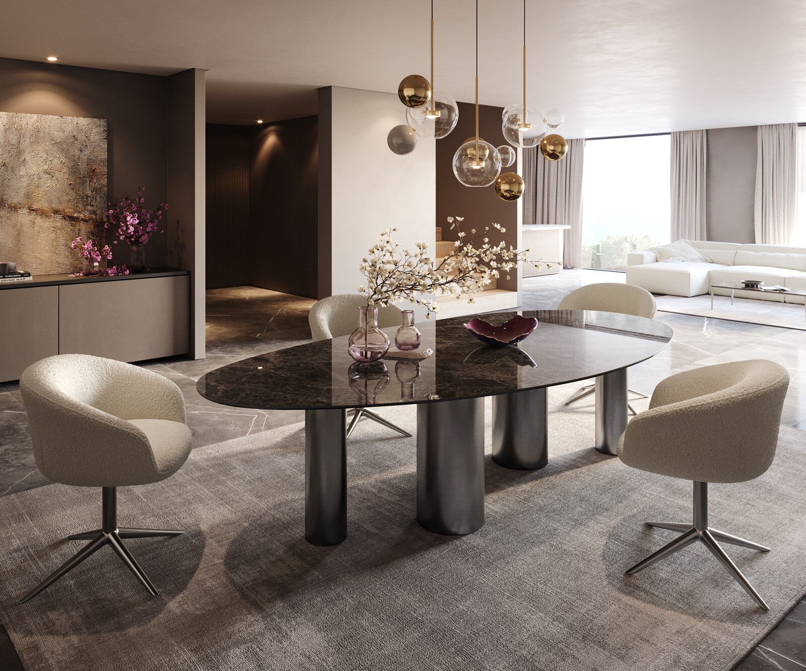 Esstisch Edge Oval 280x130 Keramik Laminam®Emperador Extra Lucidato Dunkelbraun Pilier Edelstahl Graphit 7