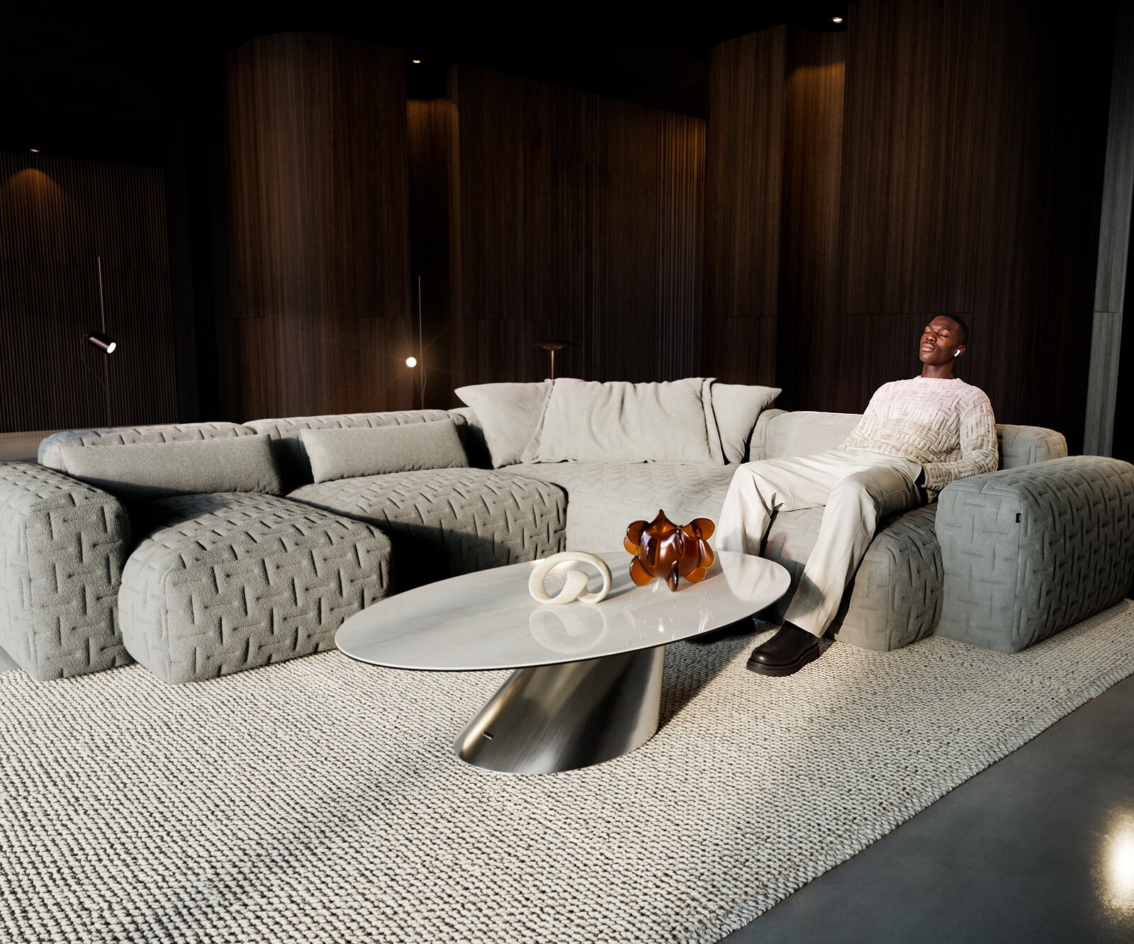 Couchtisch Edge Oval 140x80 cm Keramik Onyx Champagne Conis Edelstahl gebürstet 6
