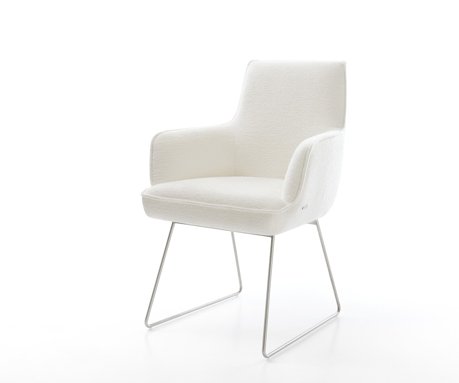 Esszimmerstuhl Heira-Flex mit Armlehnen Bouclé Soft Beige Kufengestell Edelstahl Taschenfederkern 1