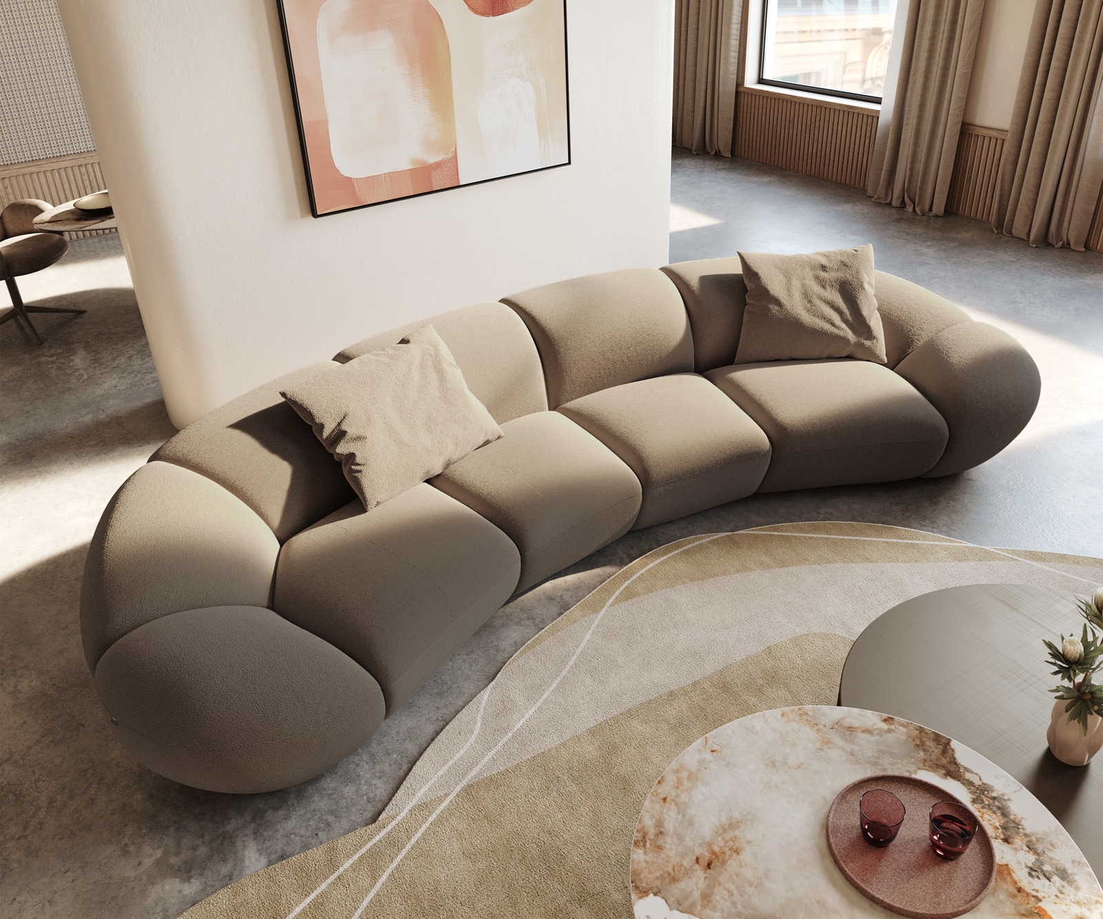 Big-Sofa Lunna 360x175 cm Fein Bouclé Taupe 2 Kissen 1 Big-Sofa Lunna 360x175 cm Fein Bouclé Taupe 2 Kissen 1