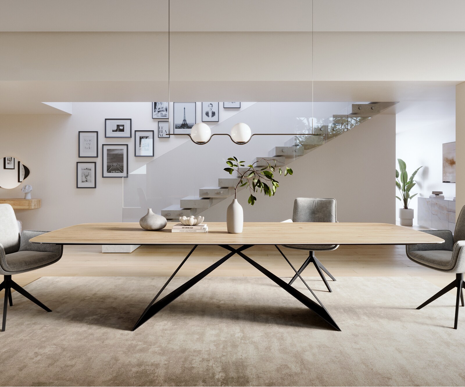 Esstisch Edge Boot 300x120 cm Keramik Laminam® Sabbia Eichefarbig V-Gestell Flachstahl Schwarz 2