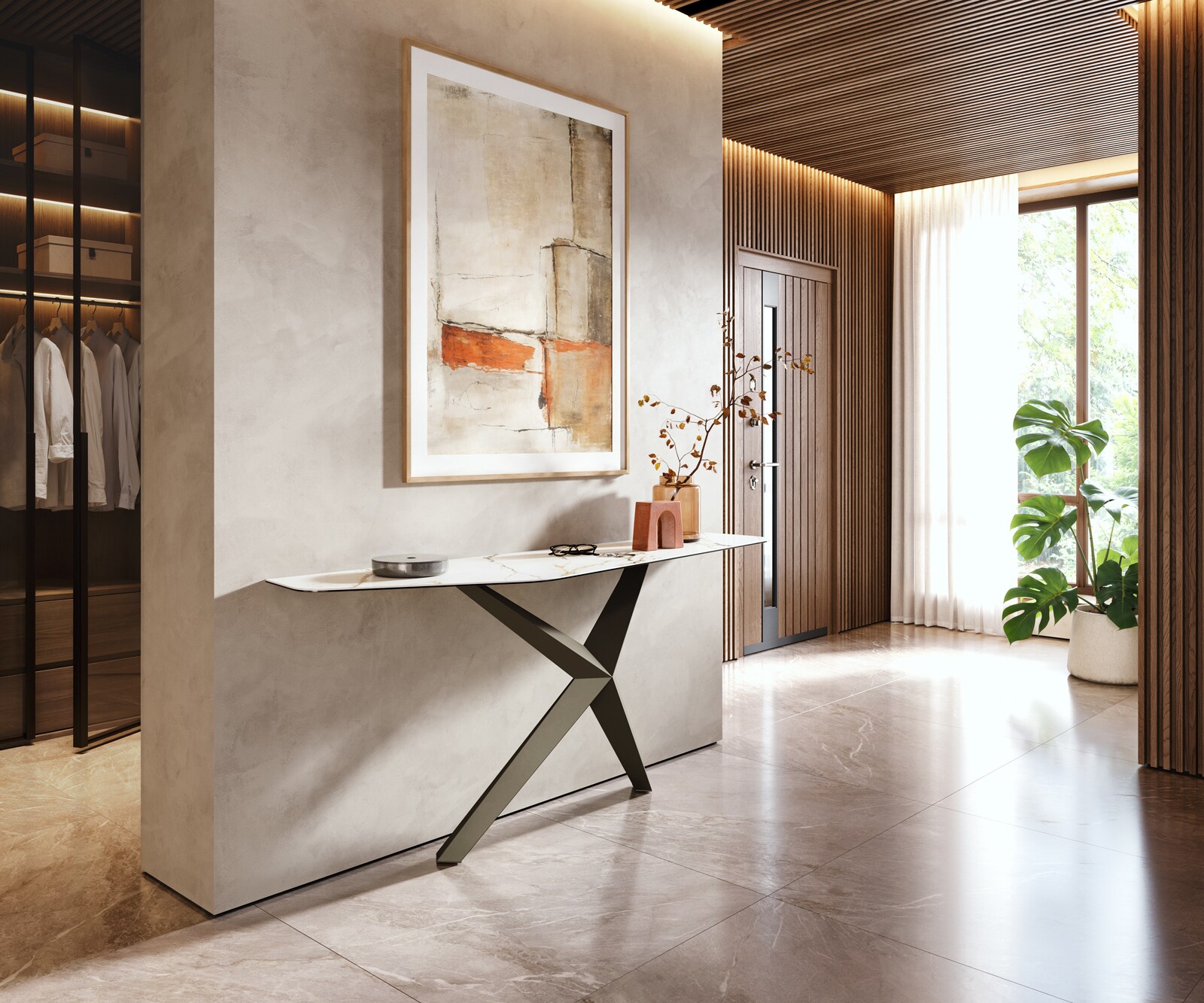 Konsolentisch Edge Polygonal 180x50 cm Keramik Calacatta Luxe Weiß-Gold-Grau Zentharo Metall Effektfinish Titan 5