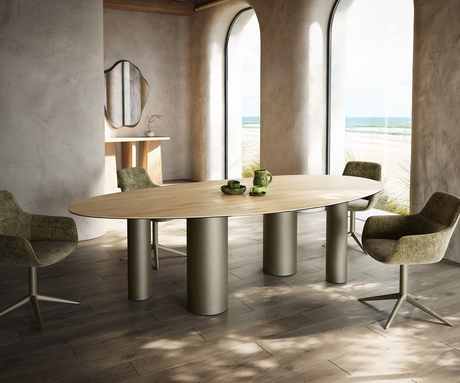 Esstisch Edge Oval 280x130 Keramik Laminam® Sabbia Eichefarbig Pilier Metall Effektfinish Titan