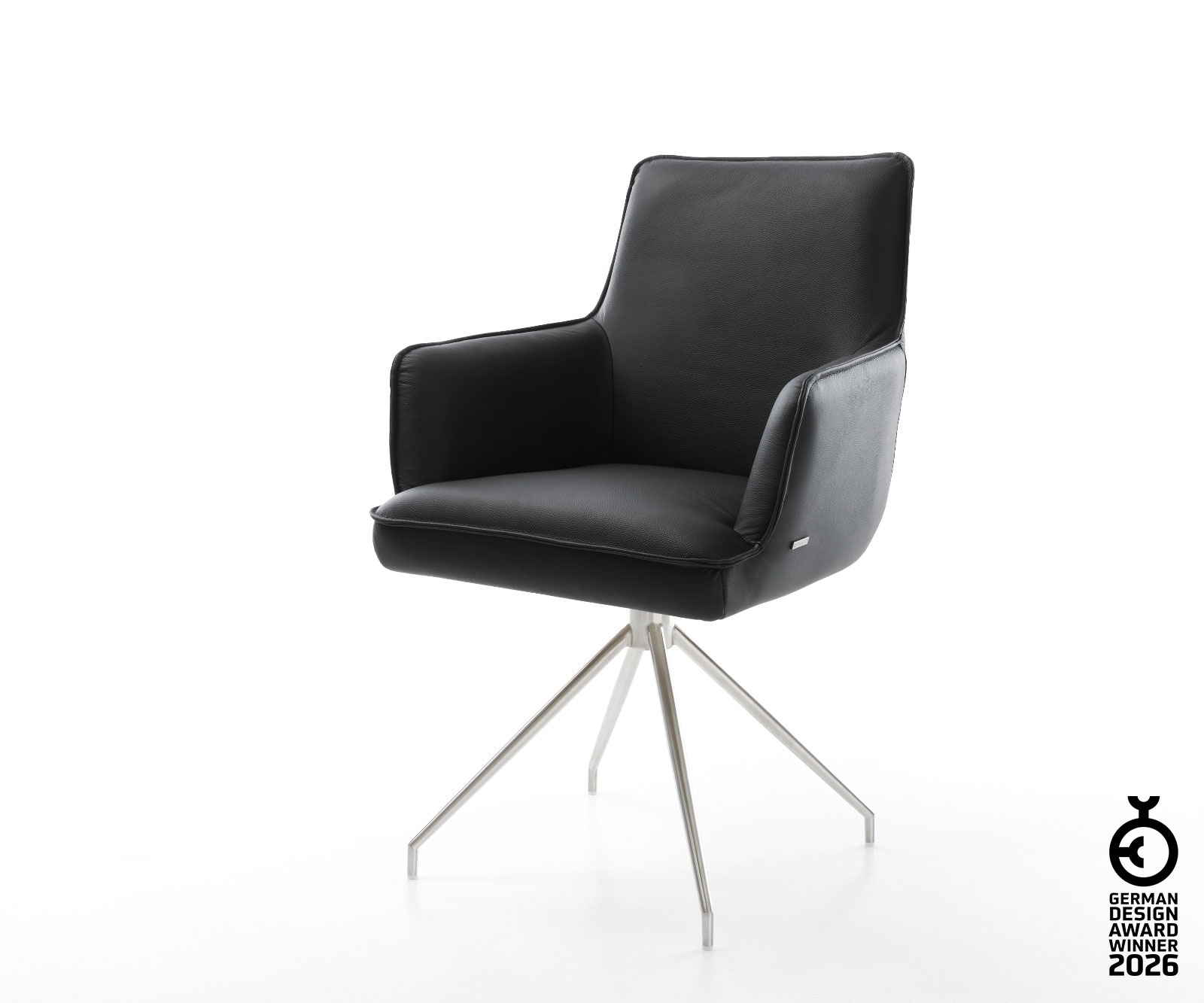 Drehstuhl Heira-Flex mit Armlehnen Echt-Leder Schwarz Kreuzgestell konisch Edelstahl 180° drehbar Taschenfederkern