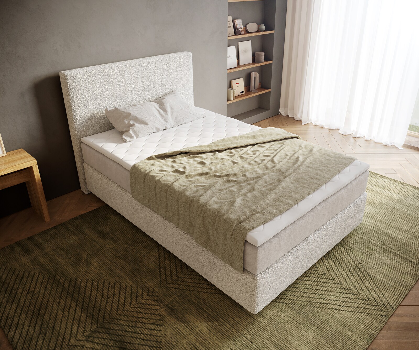 Boxspringbett Dream-Well 120x200 cm Bouclé Creme-Weiß mit Taschenfederkernmatratze und Topper Visco 3