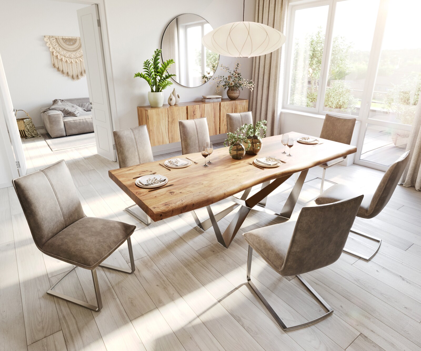 Esstisch Edge 260x100 XL Akazie Natur Spider Flachstahl Edelstahl Live-Edge 5