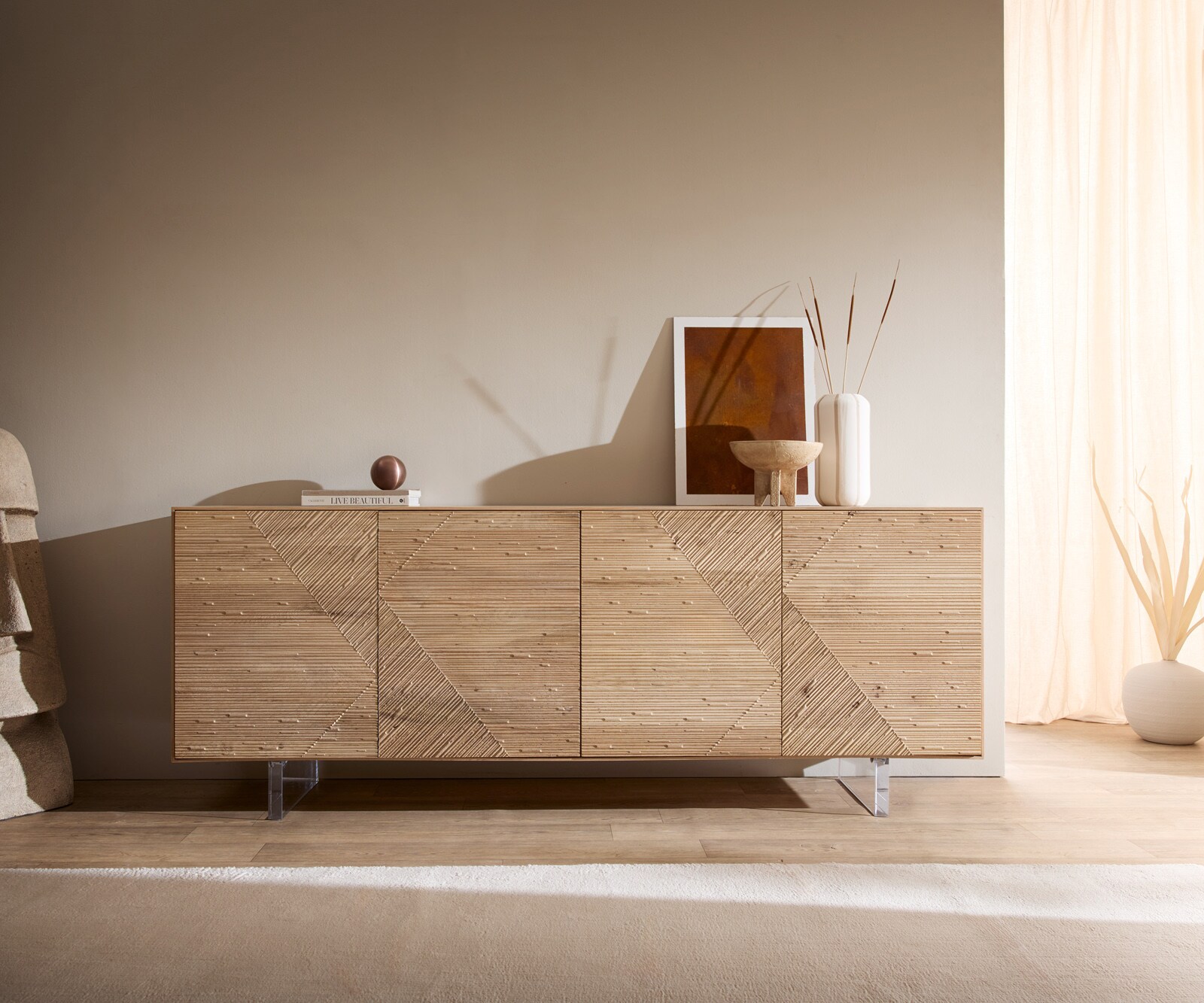 Sideboard Tereos 200 cm Eiche Natur 3D Effekt 4 Türen Fuß Schwebeoptik Acrylglas 1