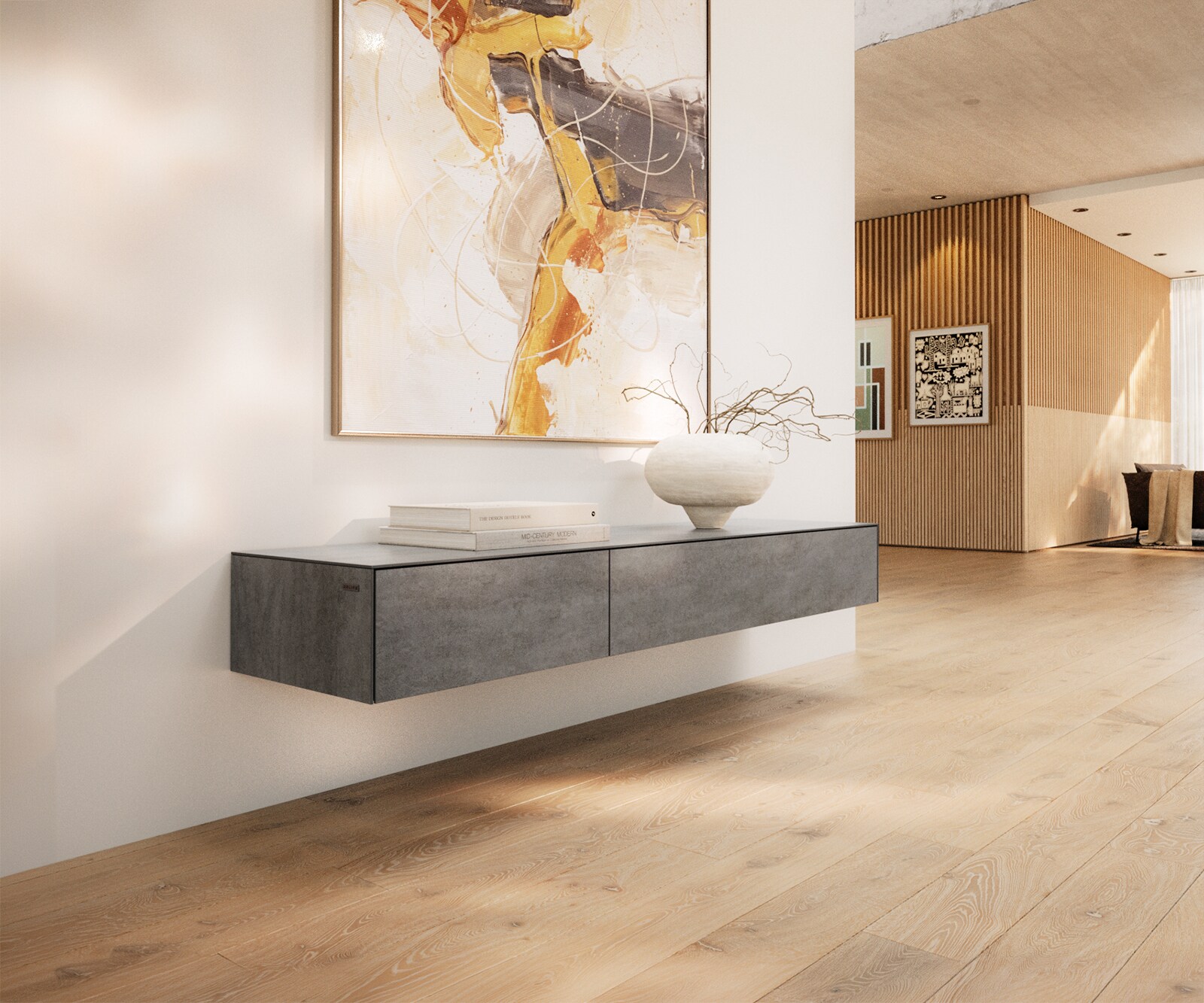 Meuble-TV Cuor 150 cm Céramique Béton gris 1 Clapet 1 Tiroir Flottant