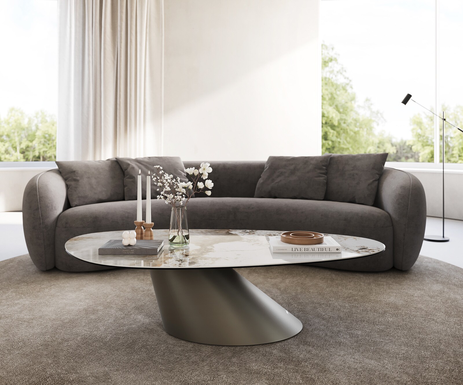 Couchtisch Edge Oval 140x75 cm Keramik Minas Melange Conis Metall Effektfinish Titan 2