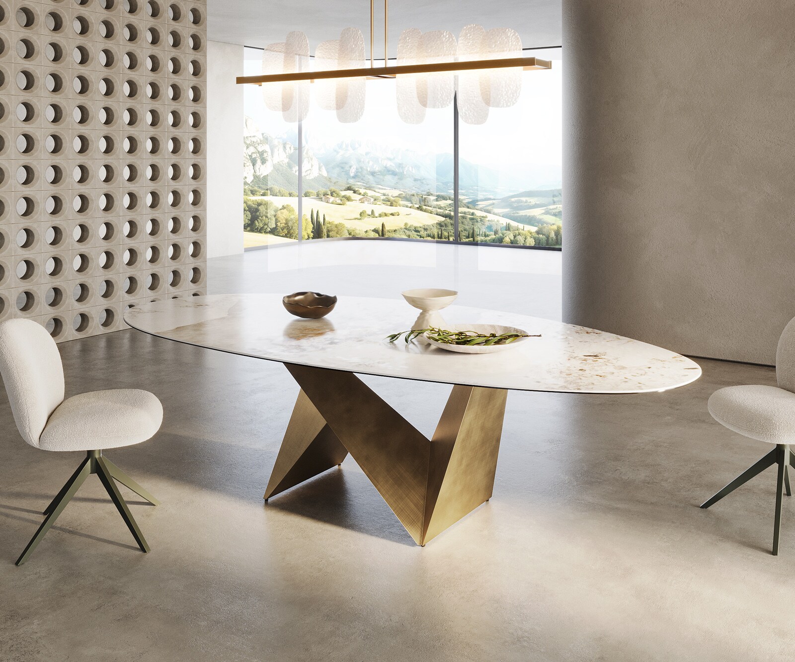 Esstisch Edge Oval 280x130 Keramik Minas Melange Weiß-Beige Origami Metallic Gold 3