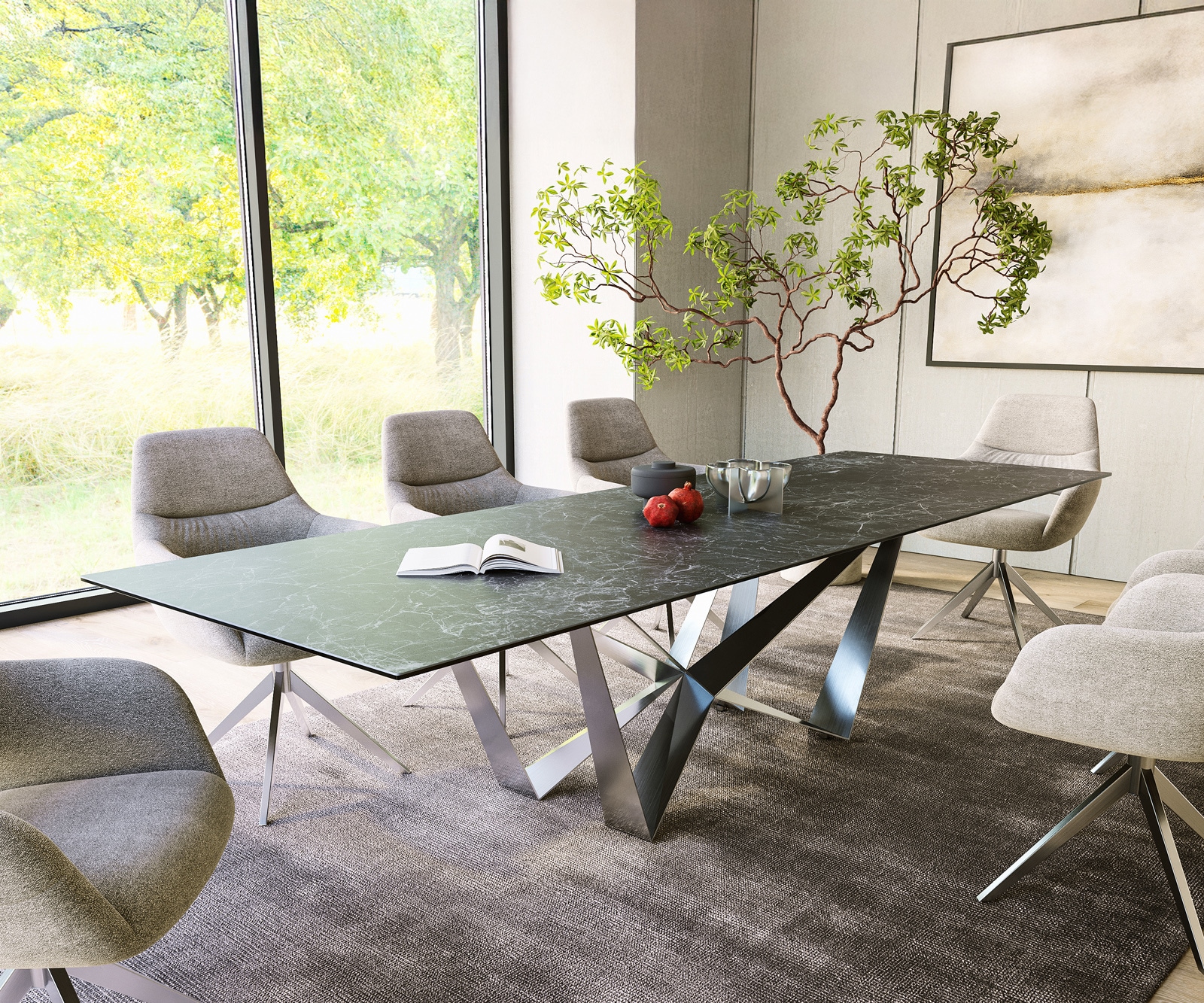 Esstisch Edge 300x100cm Keramik Laminam®Nero Greco Anthrazit Spider Flachstahl Edelstahl