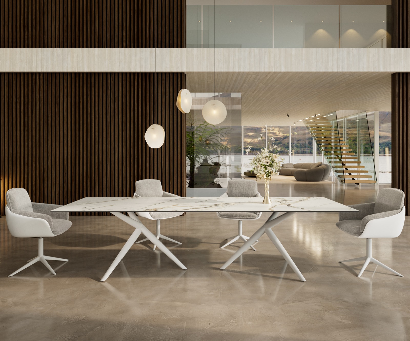Esstisch Edge 300x100 Keramik Calacatta Luxe Weiß-Gold-Grau Estelar rund Metall Weiß