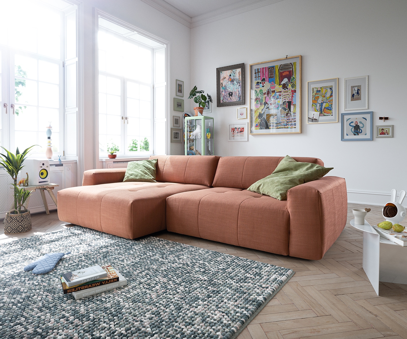 Ecksofa Lazaro 300x160 cm Flachgewebe Orange Ottomane links mit Sitztiefenverstellung Ecksofa Lazaro 300x160 cm Flachgewebe Orange Ottomane links mit Sitztiefenverstellung