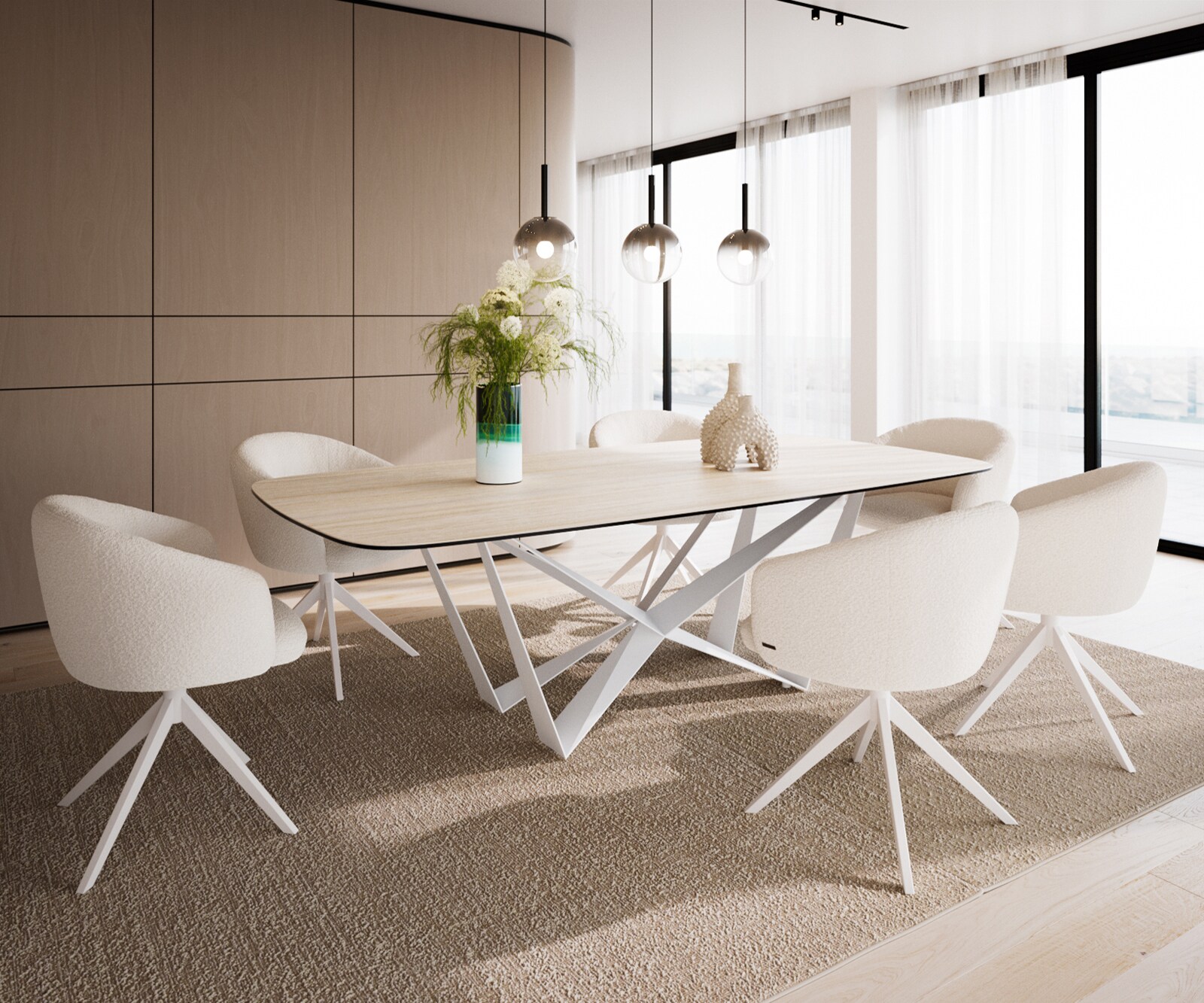 Esstisch Edge Boot 240x120 cm Keramik Travertin Natur Spider Metall Weiß 4