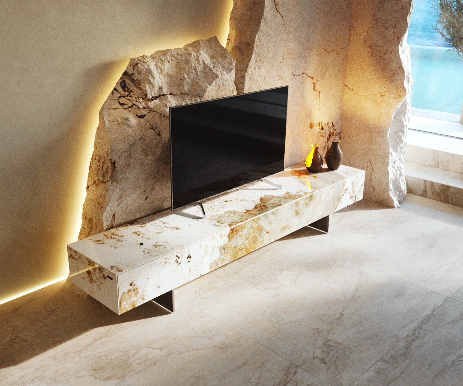 Lowboard Cuor 200 cm Keramik Minas Melange Weiß-Beige 1 Klappe 1 Schubfach Fuß Schwebeoptik Edelstahl 3