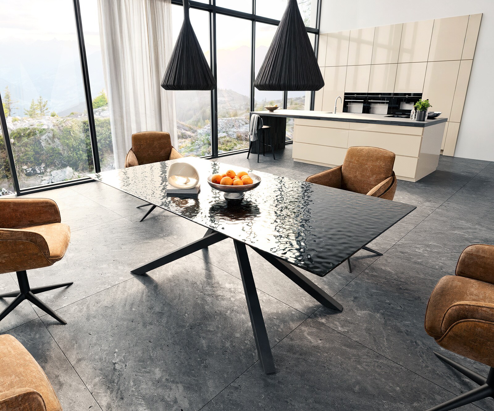 Esstisch Edge 200x100 Reliefglas Rauchschwarz 3D-Design Kreuzgestell Rechteck Schwarz
