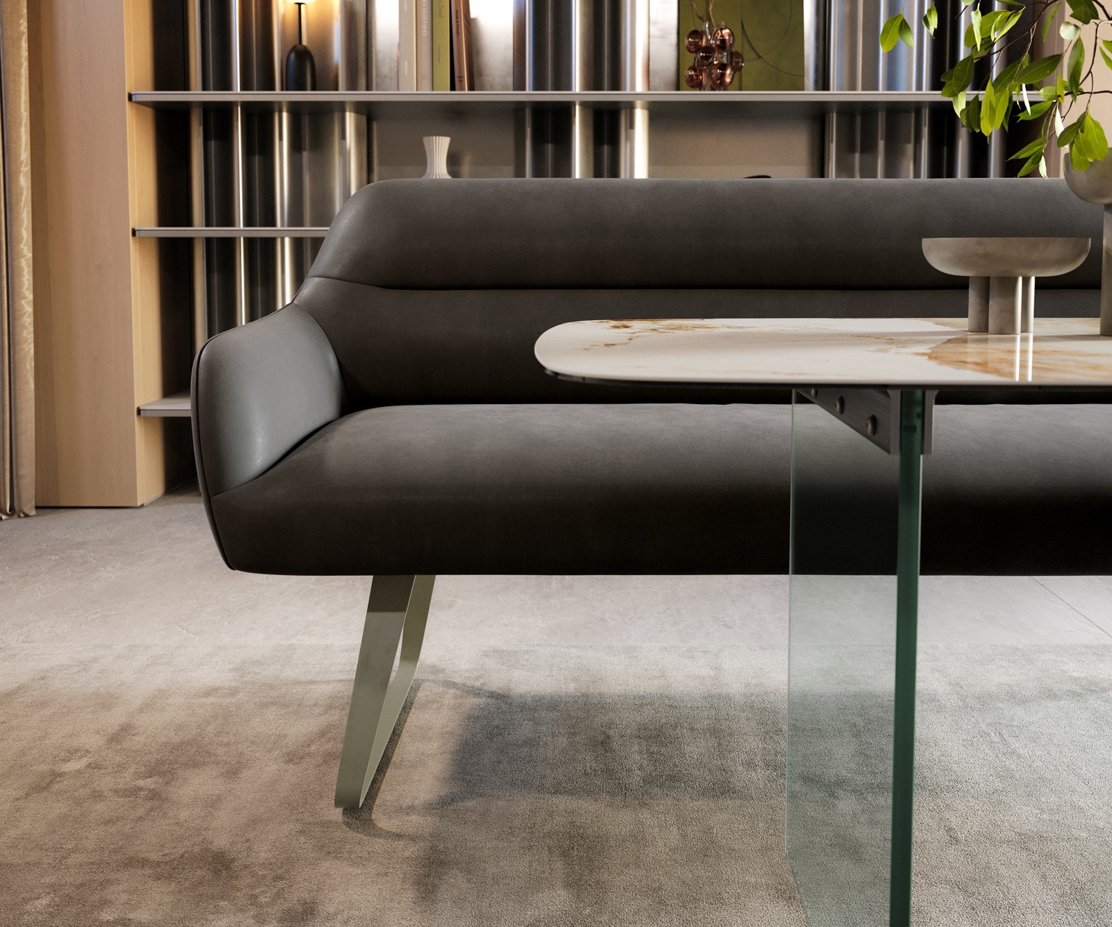 Esszimmerbank Taya-Flex 300 cm Mikrofaser Anthrazit Vintage Kufengestell flach Effektfinish Titan Taschenfederkern 2