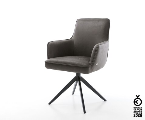 Drehstuhl Heira-Flex mit Armlehnen Mikrofaser Anthrazit Vintage Kreuzgestell breit Schwarz 360° drehbar Wippfunktion Taschenfederkern