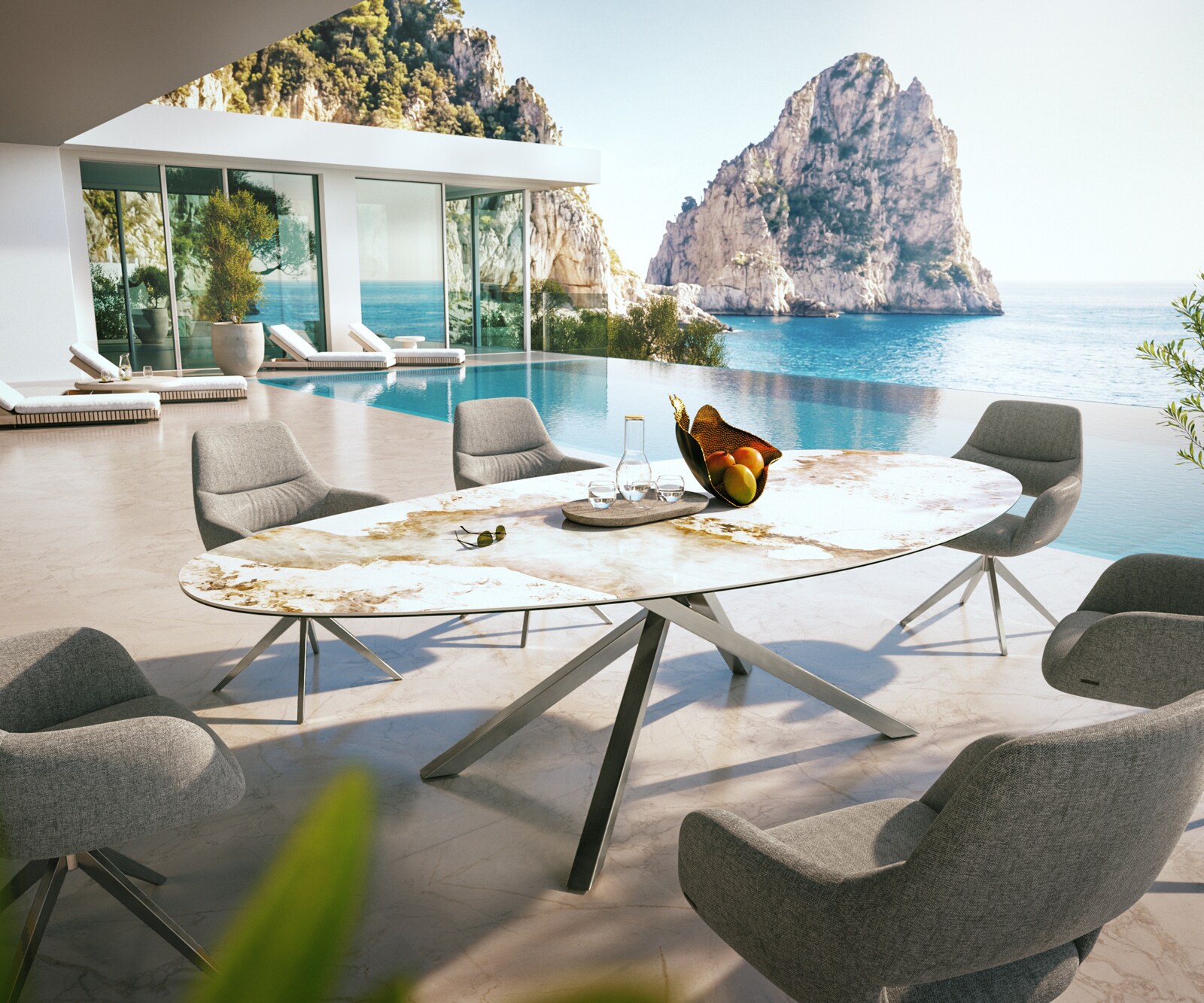 Outdoortisch Edge Oval 280x130 cm Keramik Minas Melange Weiß-Beige Kreuzgestell Rechteck Edelstahl 3