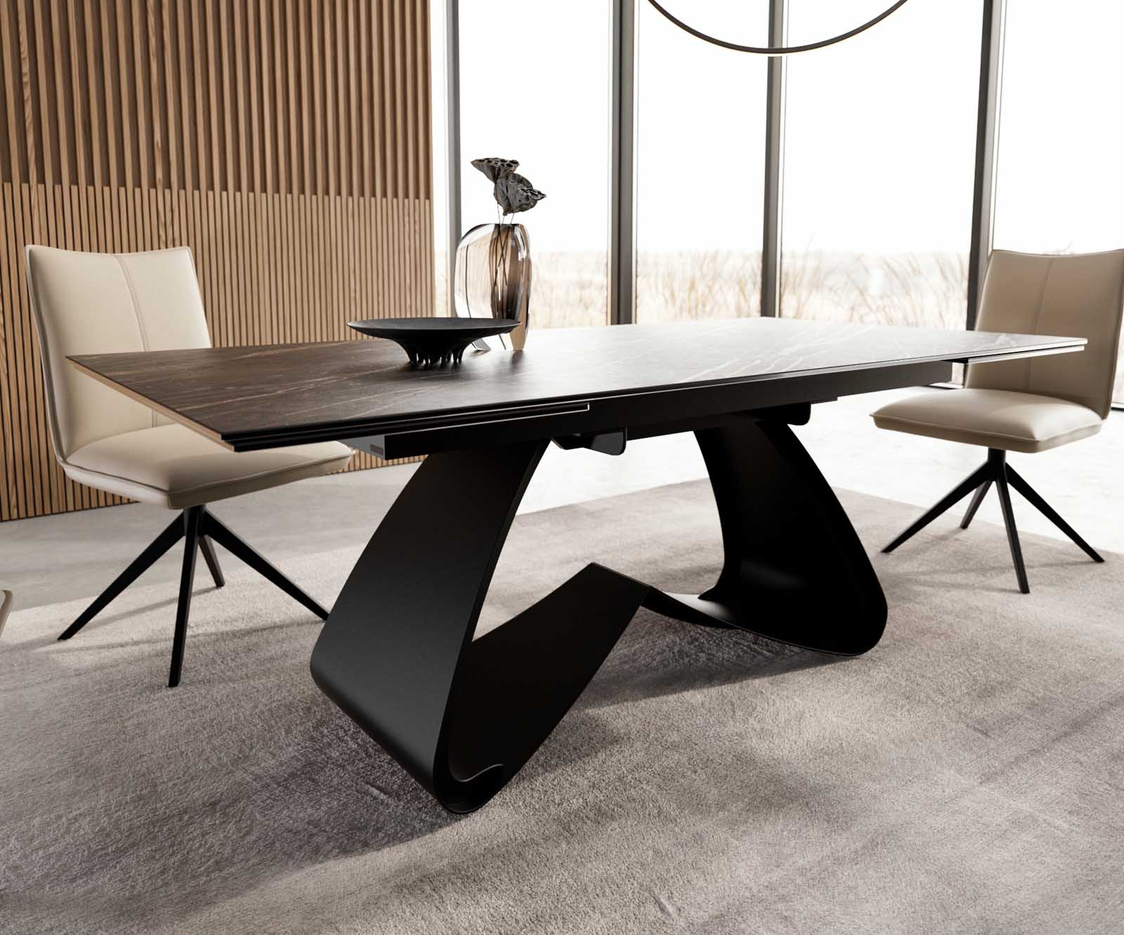 Esstisch Edge 200-300x100 Keramik Laminam®Noir Desir Braun W-Gestell Schwarz ausziehbar 5