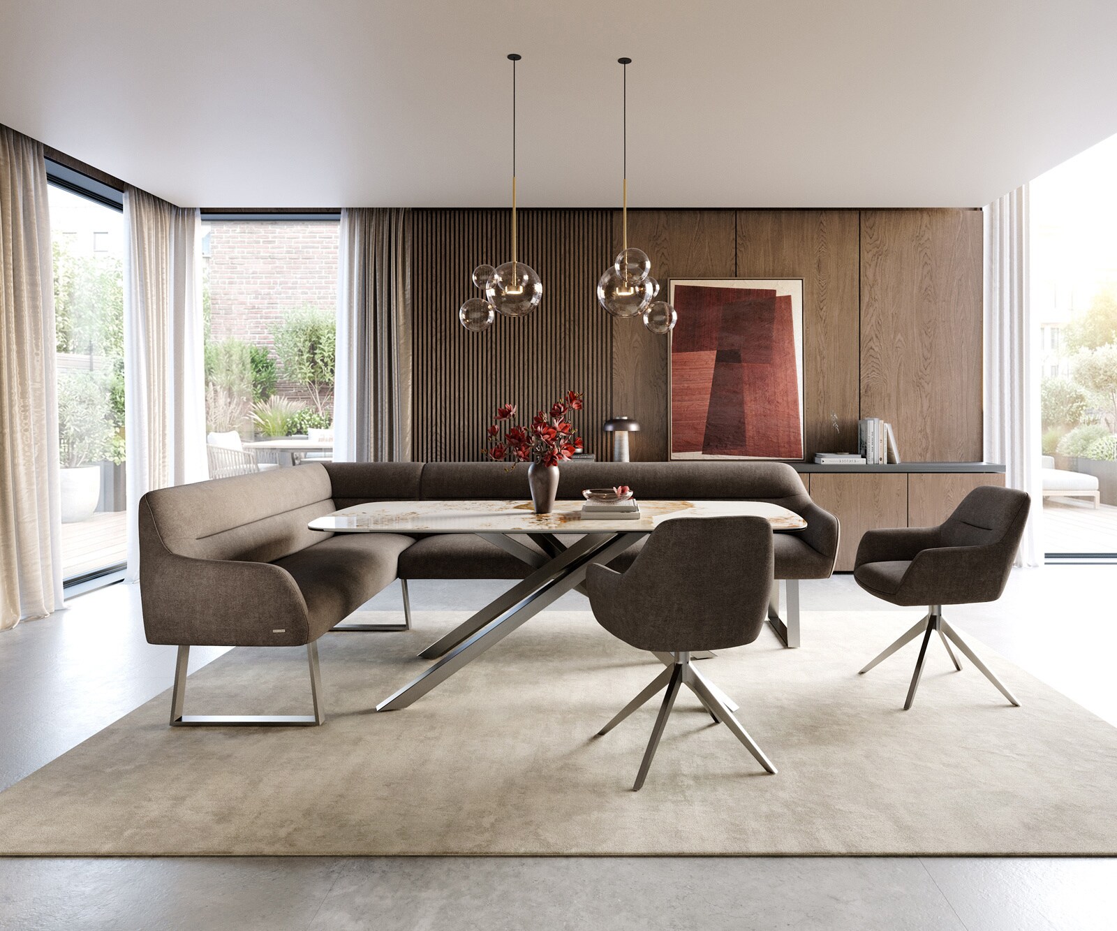 Esszimmerbank Taya-Flex 285x190 cm Strukturstoff Soft Taupe Kufengestell kantig Edelstahl Taschenfederkern Rechts 1